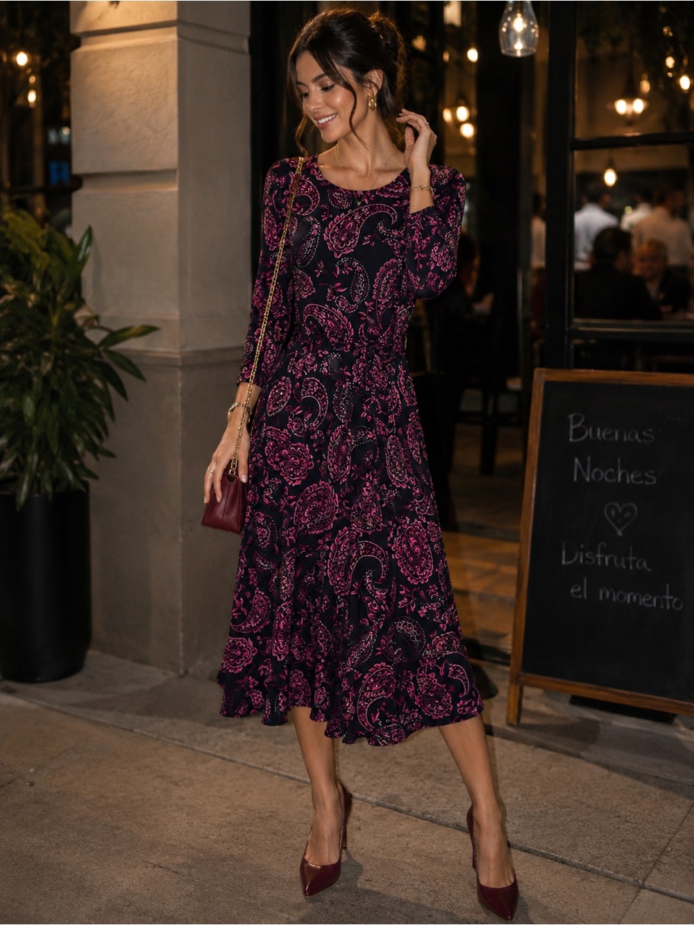 Nina Leonard Black and Magenta Paisley Maxi Dress with Waist Tie